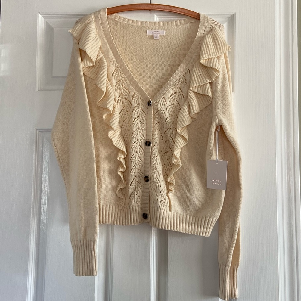 LC Lauren Conrad Beige Ruffle Cardigan